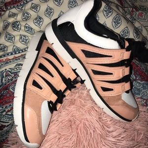 Flamingo Pink, Black, and White tennis shoes 🌸